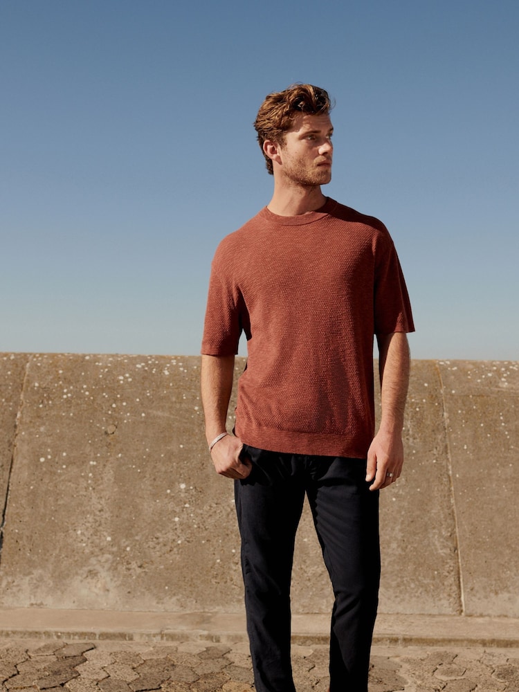 Rust Brown Relaxed Linen Blend Knitted Crew Neck T-Shirt - Image 2 of 7