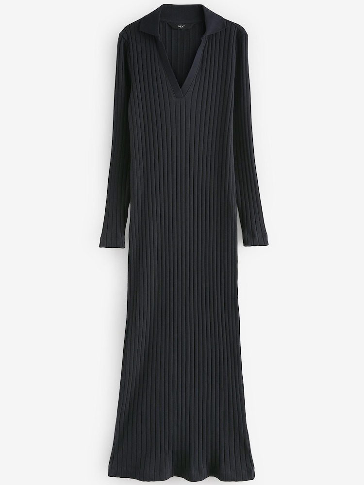 Navy Blue Long Sleeve Rib Midi Dress - Image 6 of 6