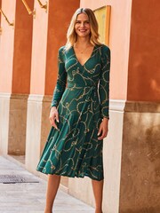 Sosandar Green Leopard Print Long Sleeve Wrap Knee Length Dress - Image 3 of 4