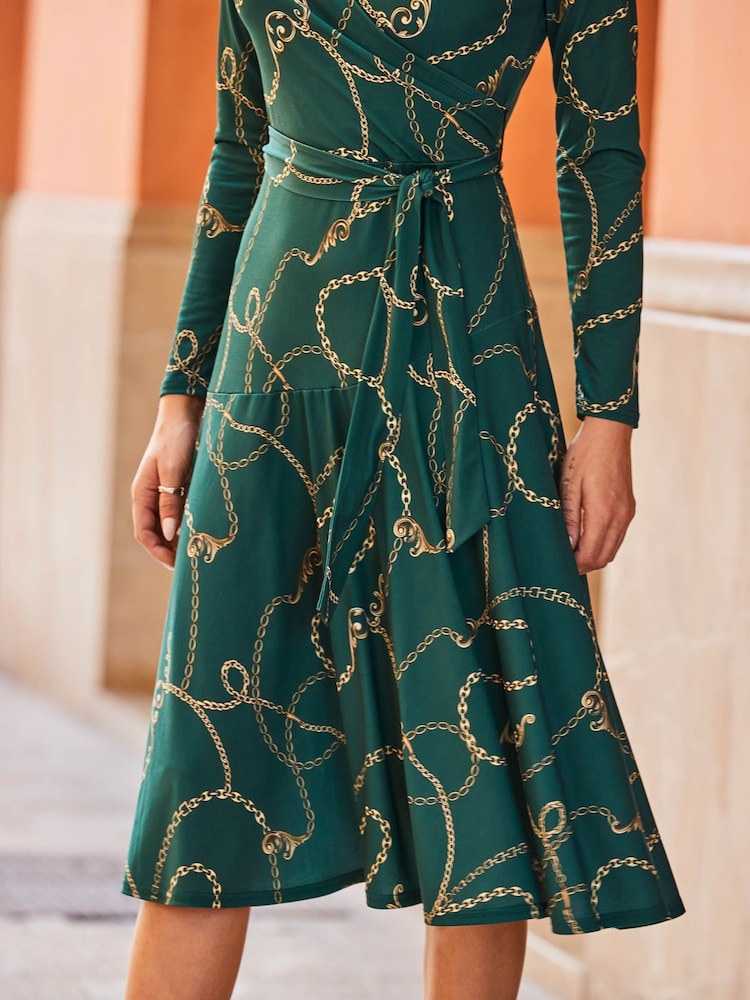 Sosandar Green Leopard Print Long Sleeve Wrap Knee Length Dress - Image 4 of 4