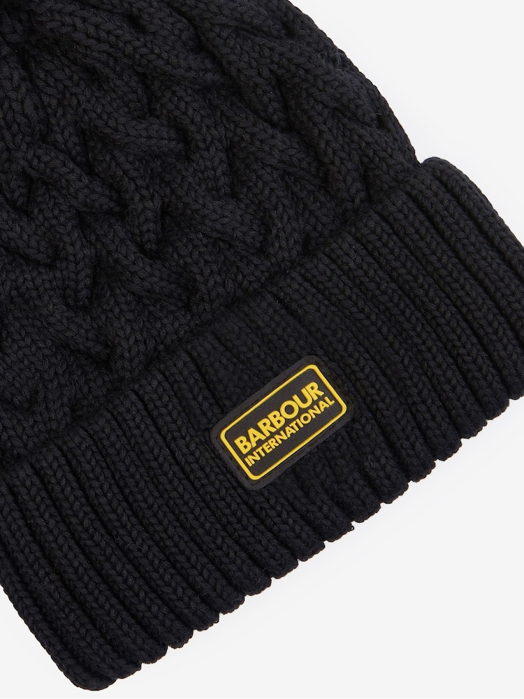 Barbour International® Black Drift Cable Knit Pom Beanie - Image 3 of 3 Barbour International® Black Drift Cable Knit Pom Beanie - Image 3 of 3