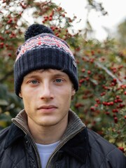 Barbour® Dark Blue Case Fairisle Pattern Pom Beanie Hat - Image 4 of 4