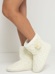 Pour Moi Cream Cable Knit Faux Fur Lined Bootie Slippers - Image 1 of 3