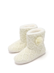 Pour Moi Cream Cable Knit Faux Fur Lined Bootie Slippers - Image 2 of 3