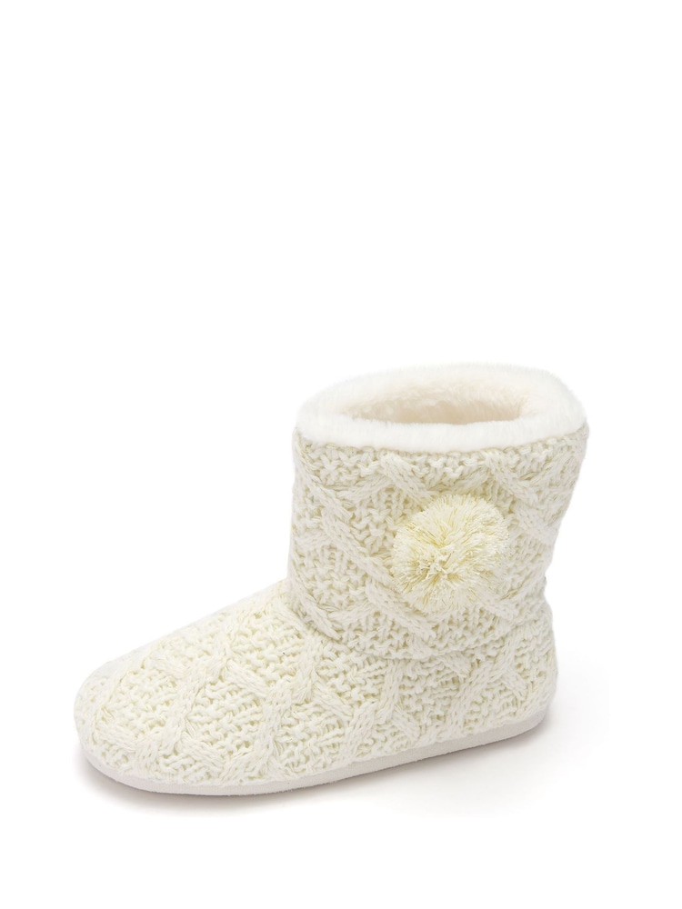 Pour Moi Cream Cable Knit Faux Fur Lined Bootie Slippers - Image 3 of 3