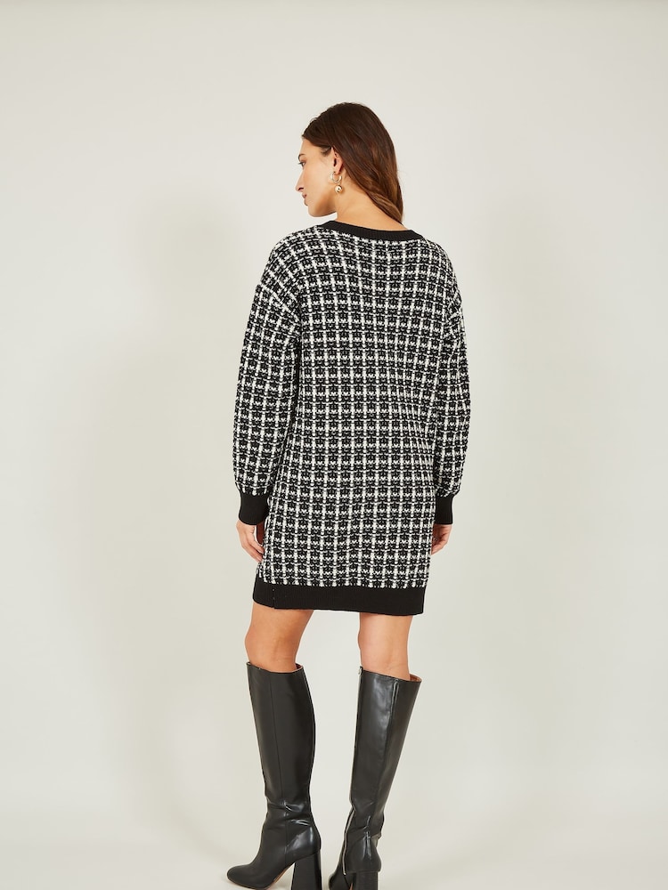 Yumi Black Checked Knitted Tunic Dress - Image 2 of 5 Yumi Black Checked Knitted Tunic Dress - Image 2 of 5