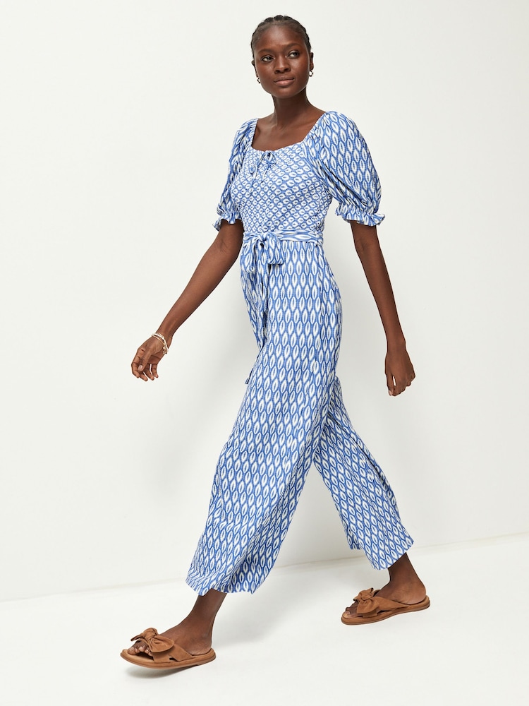Blue Ikat Print Short Sleeve Tie Front Jumpsuit - Image 2 of 7 Blue Ikat Print Short Sleeve Tie Front Jumpsuit - Image 2 of 7