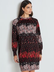 Black and Red Ditsy Long Sleeve Ladder Detail Mini Dress - Image 1 of 6