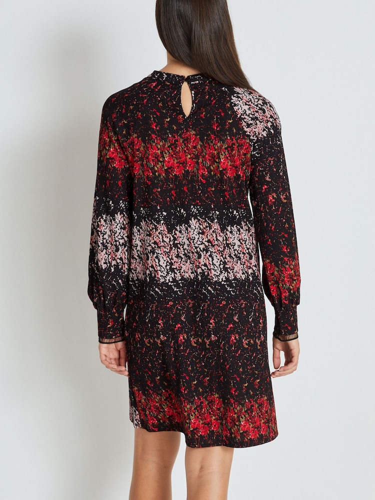 Black and Red Ditsy Long Sleeve Ladder Detail Mini Dress - Image 3 of 6