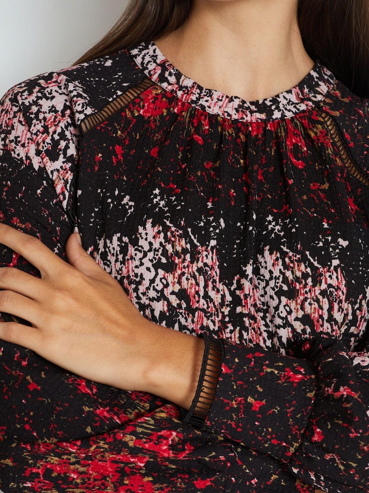 Black and Red Ditsy Long Sleeve Ladder Detail Mini Dress - Image 4 of 6