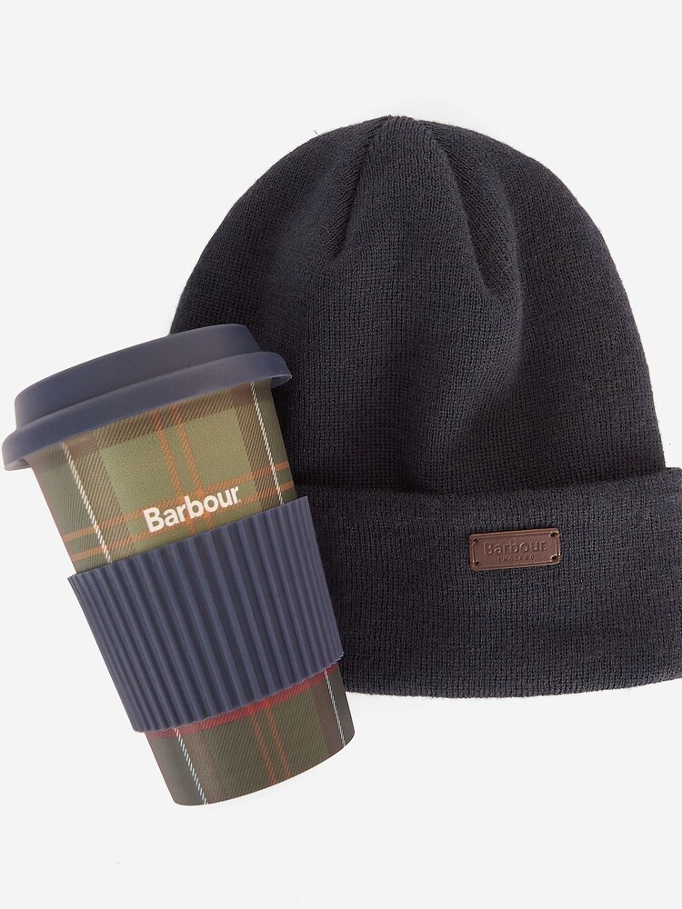 Barbour® Blue Tartan Travel Mug and Carlton Beanie Hat Boxed Gift Set - Image 1 of 6