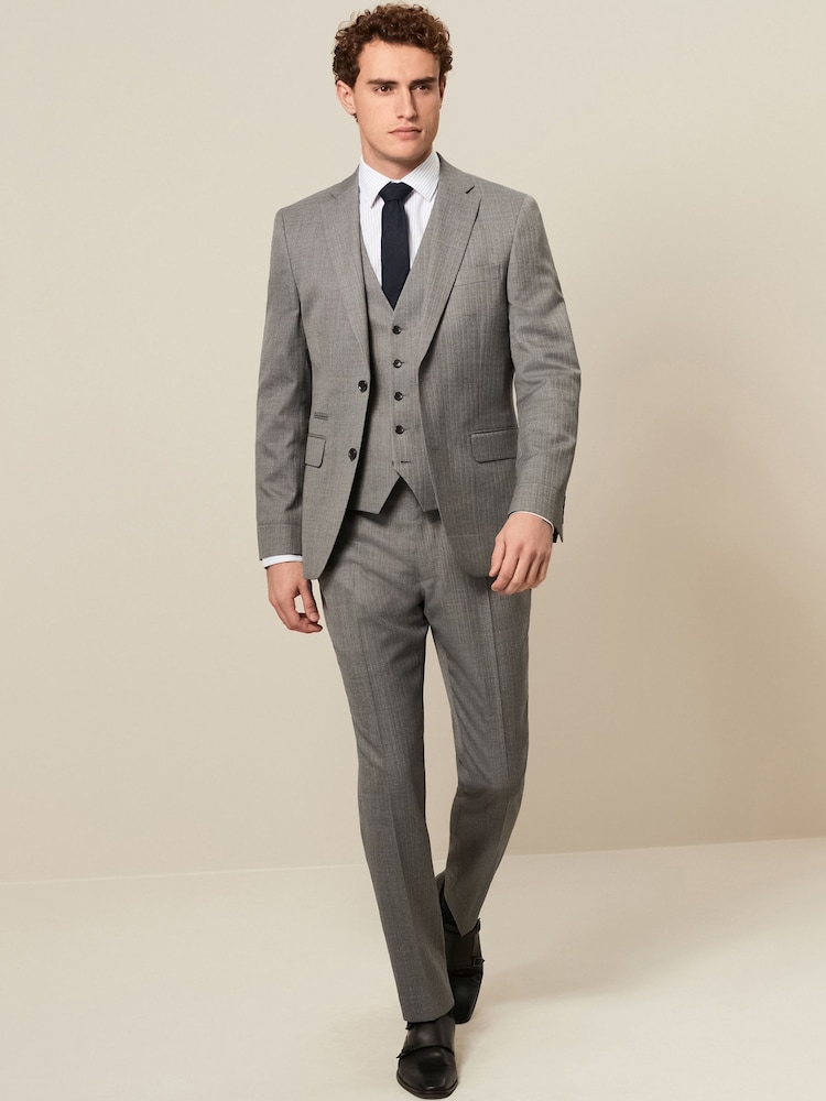 Light Grey Slim Fit Textured Wool Suit Jacket - Image 2 of 10