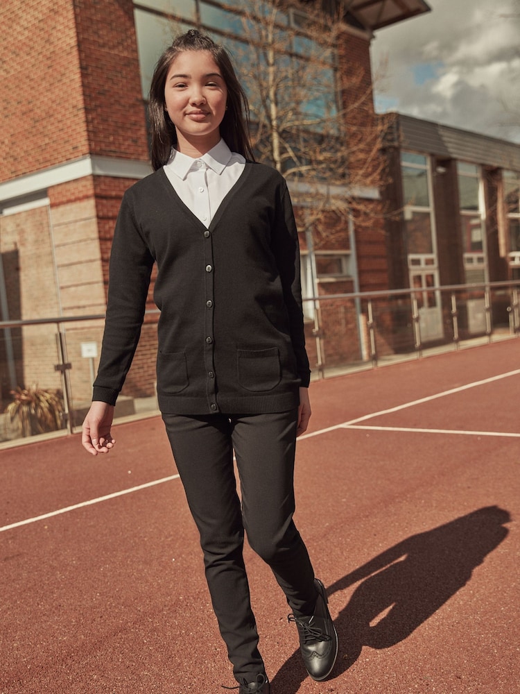 Black Cotton Rich Longer Length V Neck School Cardigan (3-18yrs) - Image 2 of 7