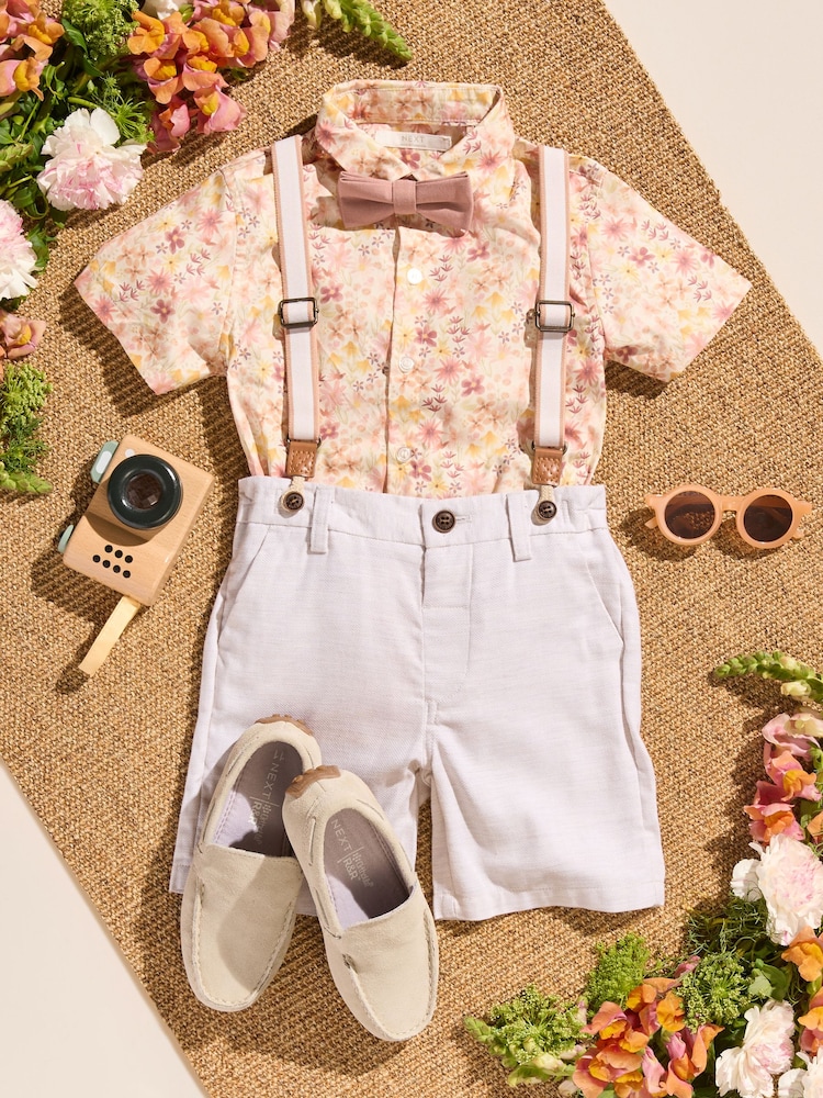 Pink/Cream Floral Shirt Shorts 100% Cotton Braces and Bow Tie Set (3mths-9yrs) - Image 11 of 11