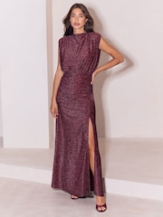 Lipsy Burgundy Red Slinky Glitter Ruched Waist Maxi Dress - Image 1 of 6