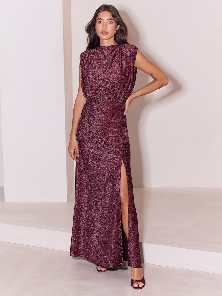 Lipsy Burgundy Red Slinky Glitter Ruched Waist Maxi Dress - Image 1 of 6 Lipsy Burgundy Red Slinky Glitter Ruched Waist Maxi Dress - Image 1 of 6