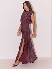 Lipsy Burgundy Red Slinky Glitter Ruched Waist Maxi Dress - Image 3 of 6