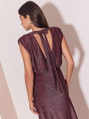 Lipsy Burgundy Red Slinky Glitter Ruched Waist Maxi Dress - Image 4 of 6