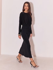 أسود - Lipsy Military Button Ruched Long Sleeve Midi Dress - صورة 1 من 6