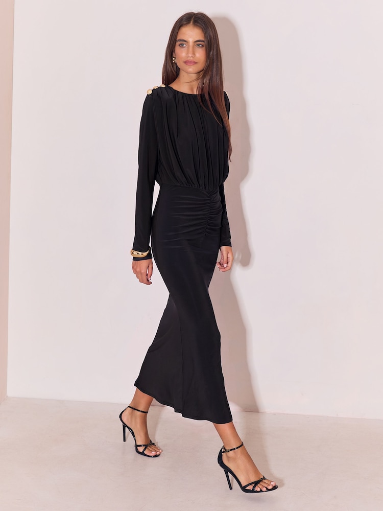 أسود - Lipsy Military Button Ruched Long Sleeve Midi Dress - صورة 1 من 6 أسود - Lipsy Military Button Ruched Long Sleeve Midi Dress - صورة 1 من 6