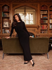 أسود - Lipsy Military Button Ruched Long Sleeve Midi Dress - صورة 2 من 6