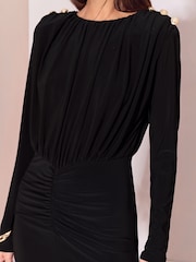 أسود - Lipsy Military Button Ruched Long Sleeve Midi Dress - صورة 4 من 6