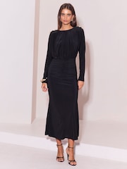 أسود - Lipsy Military Button Ruched Long Sleeve Midi Dress - صورة 5 من 6