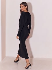 أسود - Lipsy Military Button Ruched Long Sleeve Midi Dress - صورة 6 من 6