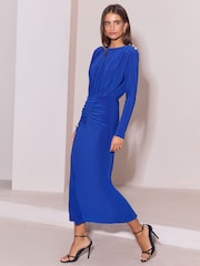 أزرق كوبالت - Lipsy Military Button Ruched Long Sleeve Midi Dress - صورة 3 من 5