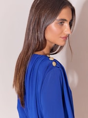 أزرق كوبالت - Lipsy Military Button Ruched Long Sleeve Midi Dress - صورة 4 من 5