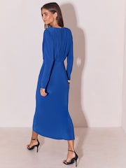أزرق كوبالت - Lipsy Military Button Ruched Long Sleeve Midi Dress - صورة 5 من 5