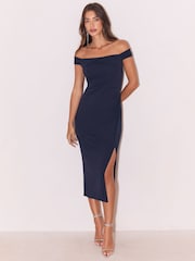 Lipsy Navy Blue Bow Bardot Bodycon Midi Dress - Image 1 of 4