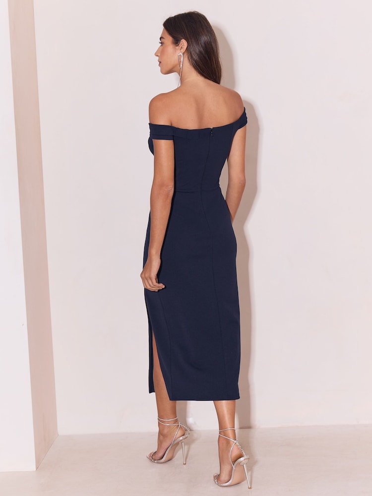 Lipsy Navy Blue Bow Bardot Bodycon Midi Dress - Image 4 of 4