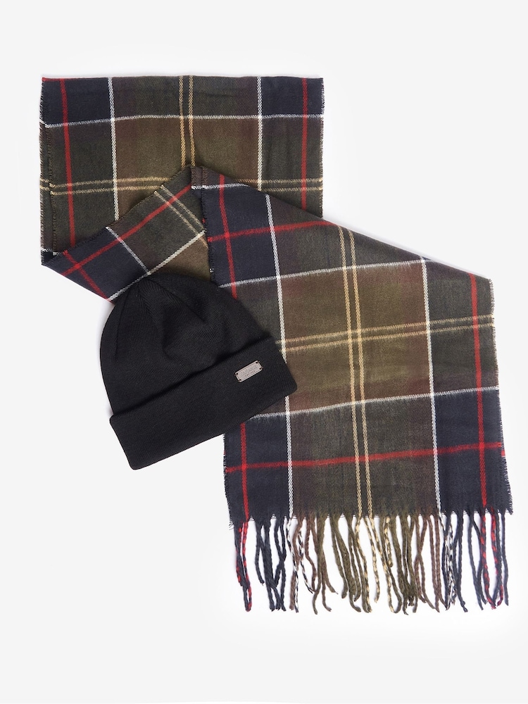 Barbour® Green Tartan Swinton Beanie Hat and Galingale Check Scarf Boxed Gift Set - Image 1 of 11