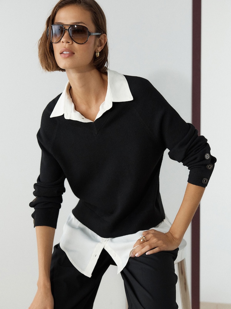 Black Gem Button Supersoft Knitted Long Sleeve Shirt Layer Jumper - Image 1 of 8 Black Gem Button Supersoft Knitted Long Sleeve Shirt Layer Jumper - Image 1 of 8