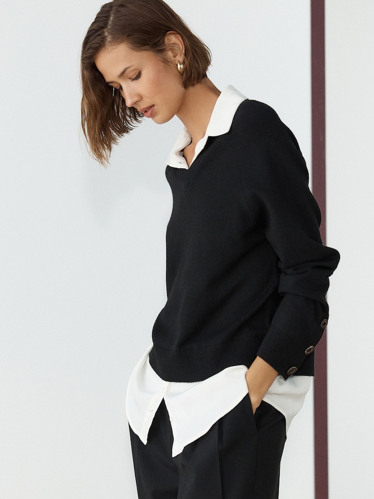 Black Gem Button Supersoft Knitted Long Sleeve Shirt Layer Jumper - Image 2 of 8 Black Gem Button Supersoft Knitted Long Sleeve Shirt Layer Jumper - Image 2 of 8