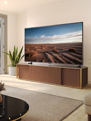 AVF Prometheus TV Stand with Gold Metal Legs and Black Glass Top - Larawan 1 ng 5