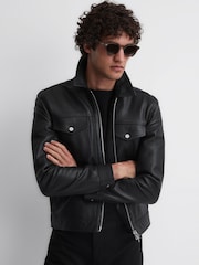 Reiss Black Carp Leather Zip Through Jacket - Image 1 of 4
