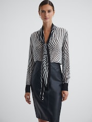 Reiss Black/White Gabbi Check Tie Neck Blouse - Image 4 of 5