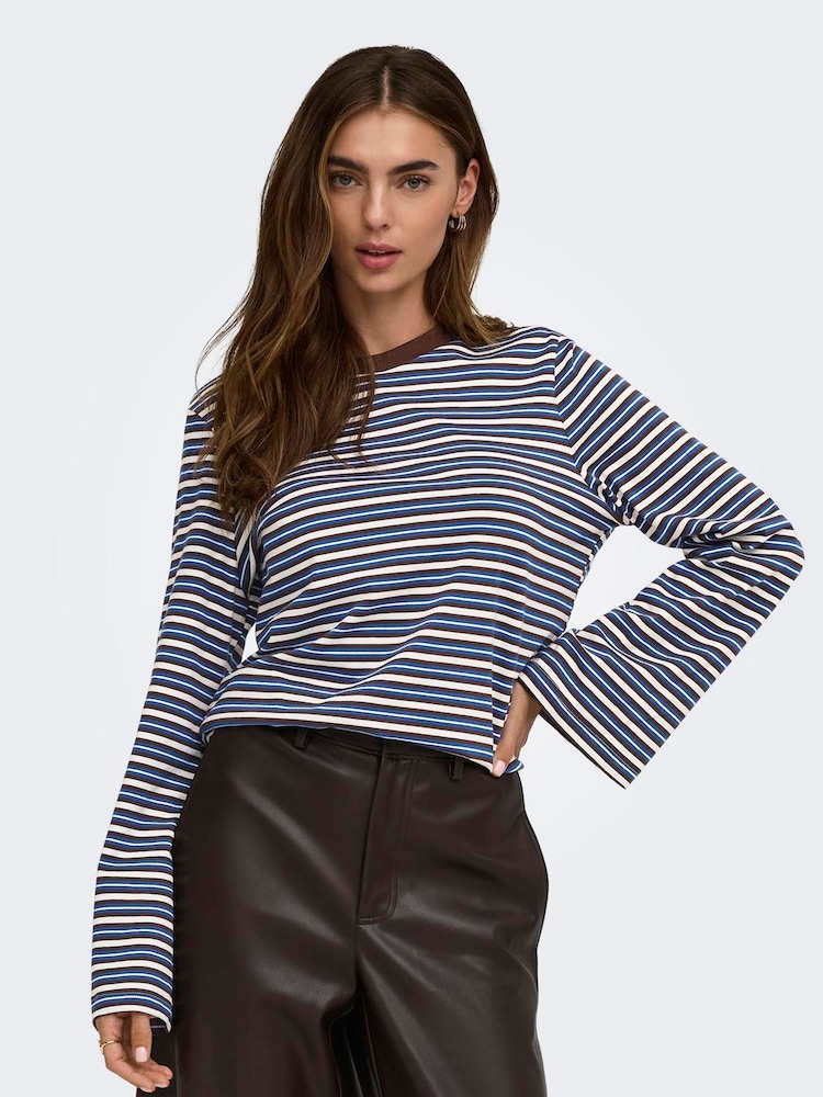 ONLY Blue Long Sleeve Stripe T-Shirt - Image 1 of 7