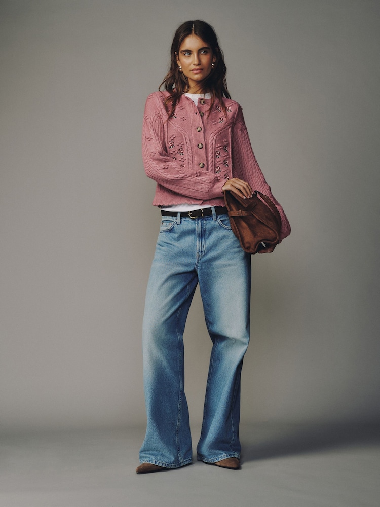 Pink Cable Knit Long Sleeve Floral Cardigan - Image 2 of 8