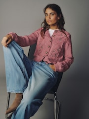 Pink Cable Knit Long Sleeve Floral Cardigan - Image 3 of 8