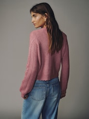 Pink Cable Knit Long Sleeve Floral Cardigan - Image 4 of 8