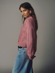 Pink Cable Knit Long Sleeve Floral Cardigan - Image 5 of 8