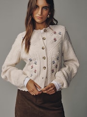 Ecru Cable Knit Long Sleeve Floral Cardigan - Image 1 of 8