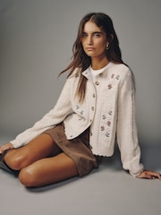 Ecru Cable Knit Long Sleeve Floral Cardigan - Image 3 of 8