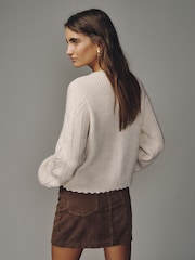 Ecru Cable Knit Long Sleeve Floral Cardigan - Image 4 of 8