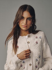 Ecru Cable Knit Long Sleeve Floral Cardigan - Image 5 of 8