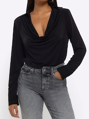 River Island Black Cowl Shirt Bodysuit - Image 1 of 4