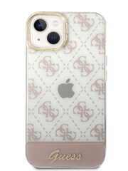 Guess Pink iPhone 14 Plus Case Iml Electroplated 4G Pattern Bottom Stripe Script Logo - Image 1 of 8